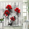 1pc Floral Shower Curtain Red Poppy Pattern Ink Watercolor Style Bathroom Decoration Polyester Fabric Contains 12 Hooks