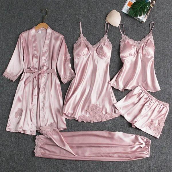 Ensemble de pyjama en soie 5 pièces pour femme avec soutien-gorge rembourré, chemise de nuit camisole sexy, robe à manches longues et vêtements d'intérieur