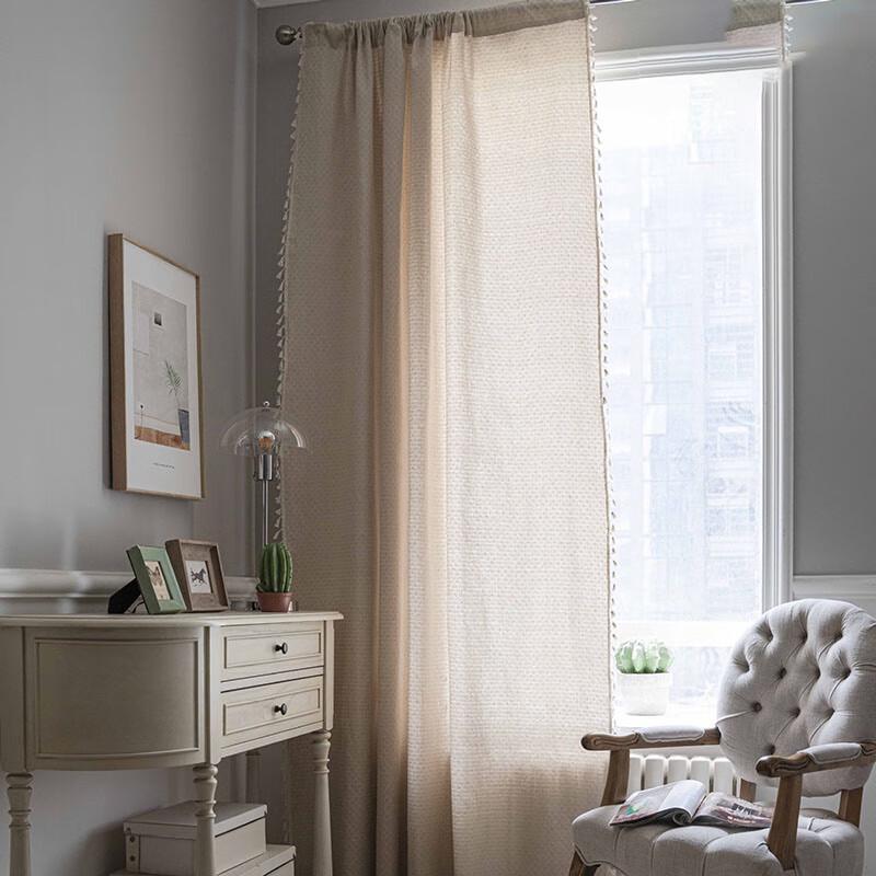 Beige Cat Paw Grid Semi-Blackout Rod Pocket Bay Window Curtain