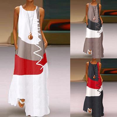 Women Plus Size Daily Sleeveless Vintage Patchwork Bohemian  Maxi Dress