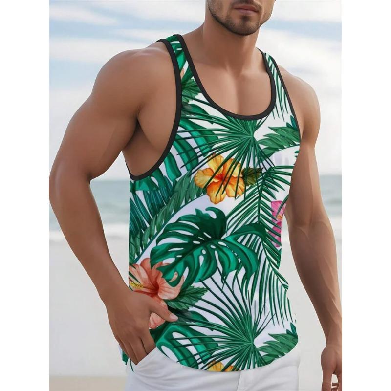

Summer Round Neck 3D Palm Leaf Printed Top Fashionable Casual Hawaii Sleeveless Vest Men s T-shirts XS