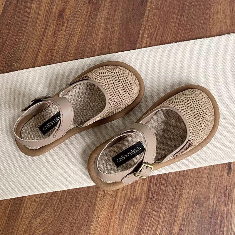 Women's Breathable Mesh Closed-Toe Linen Sandals - Hollow Design, Single Strap, Plus Size Available