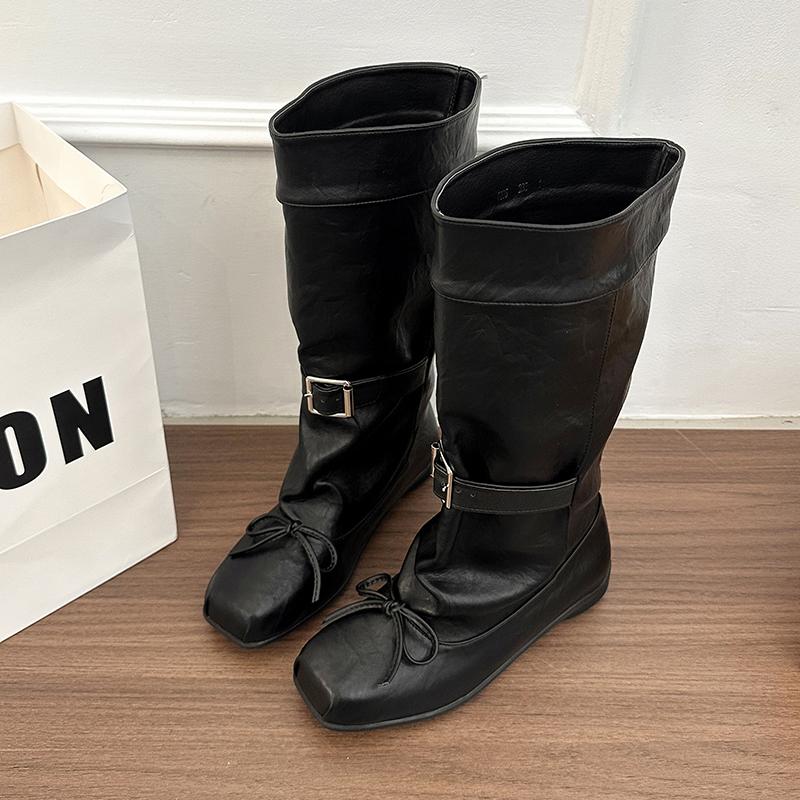 

Fashion Designer Ballet Style Women Mid Calf Boots Fashion Belt Buckle Ladies Elegant Mordern Trouser Legs Booties 35 чёрный