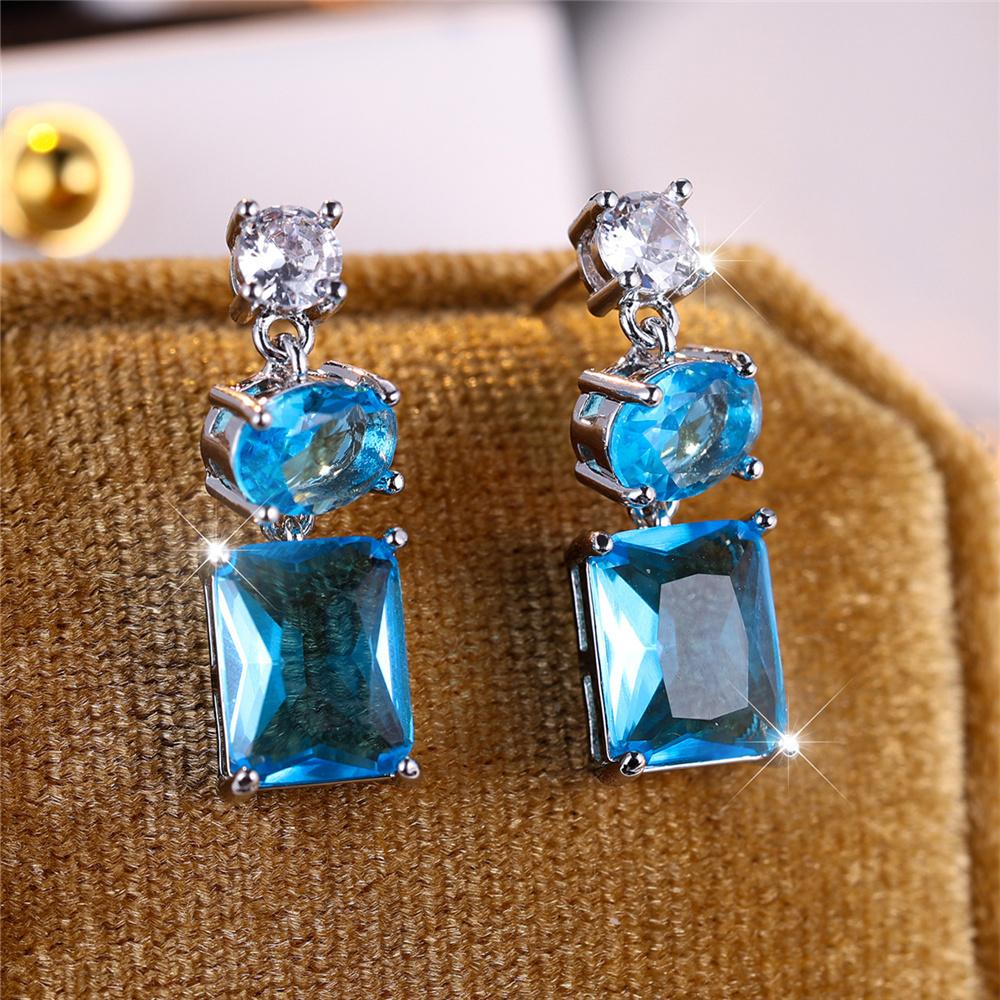 Cute Female Stone Blue Purple Zircon Stud Earrings Silver Color Wedding Jewelry For Women