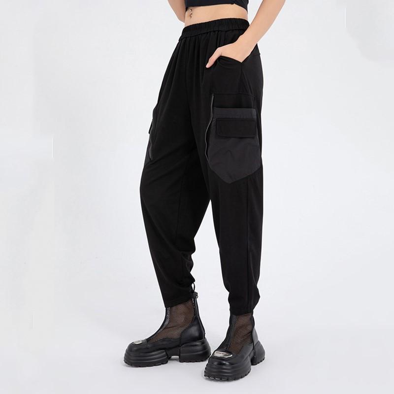 Plus Size Vintage Black Patchwork High Waist Casual Loose Summer Cargo Pants Women Trousers