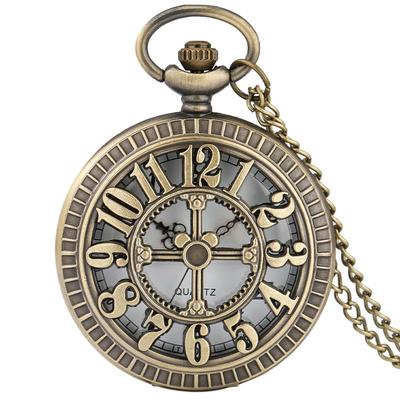 Steampunk Uhr Halskette Quarzwerk Bronzekette Klappzeiger Anzeige Taschenuhr für Damen Herren