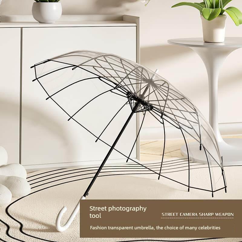 Transparent Long-Handle Umbrella with 16 Reinforced Ribs, Fresh Style, 8-Rib Transparent Umbrella, Fresh Sun Umbrella, Unisex Long-Handle
