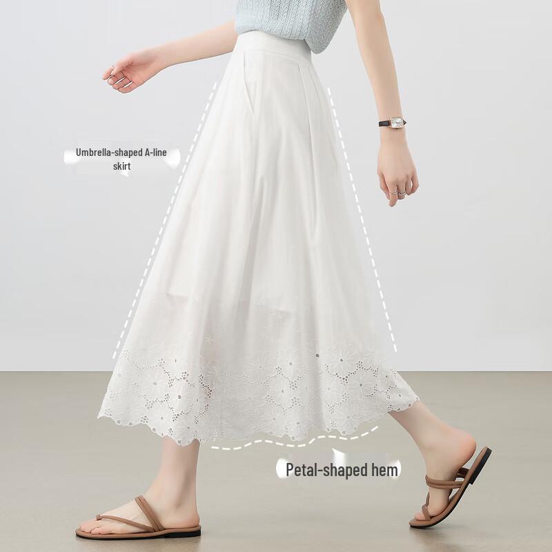 Women's Cotton Embroidered High-Waisted A-Line Midi Skirt