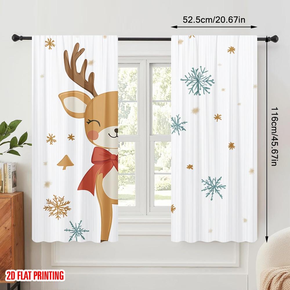 2pcs,2D plane printing Light Filtering Curtains Cute Reindeer Snowflakes Festive Durable Polyester (without rod) Art Deco
