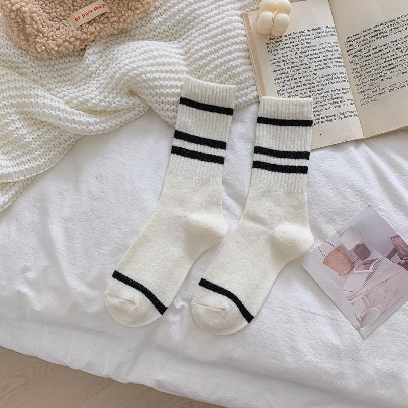 

Korea Dongdaemun Striped Wool Socks Children S Two Bars College Wind Jk Japanese Medium Tube Stacking Socks Thickened Women S Socks Long one size fits all