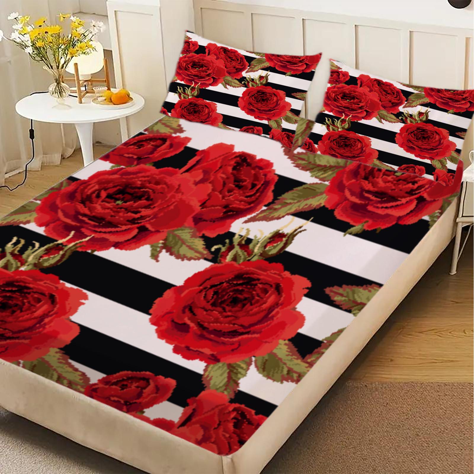 

3pcs Fitted Sheet Set Black And White Stripes With Roses Bed Sheet With Pillowcases For Bedroom Decor 150x200x25cm