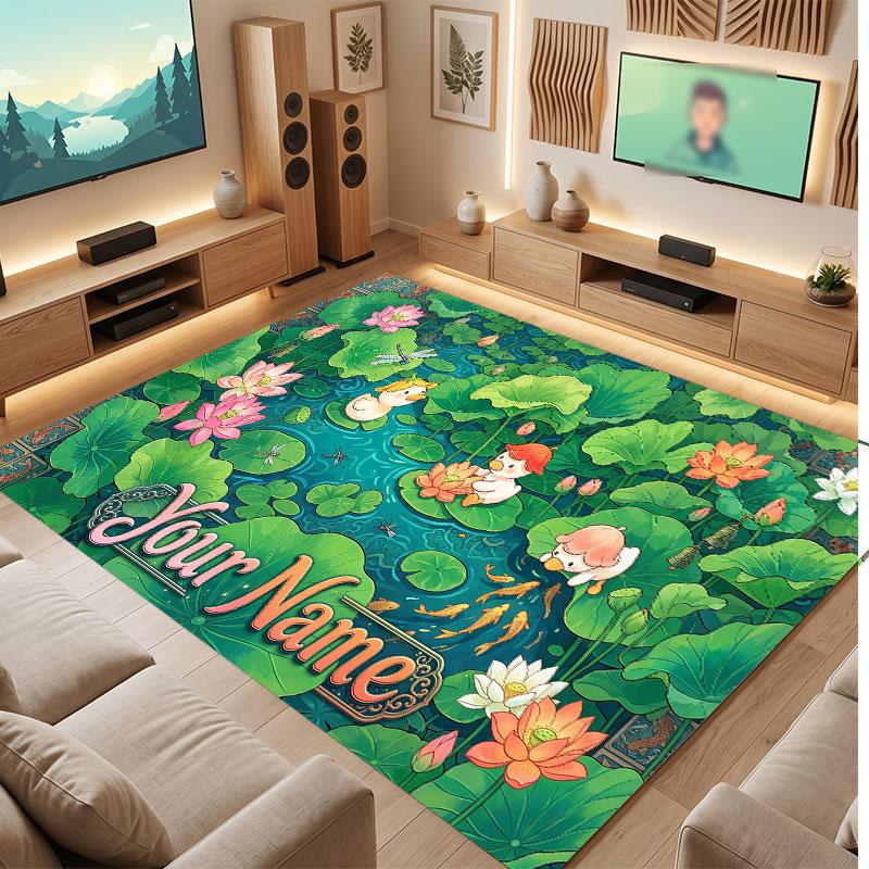 Floral Garden Theme Crystal Velvet Floor Rug Personalized Custom Name Text Warm Carpet Home Decoration