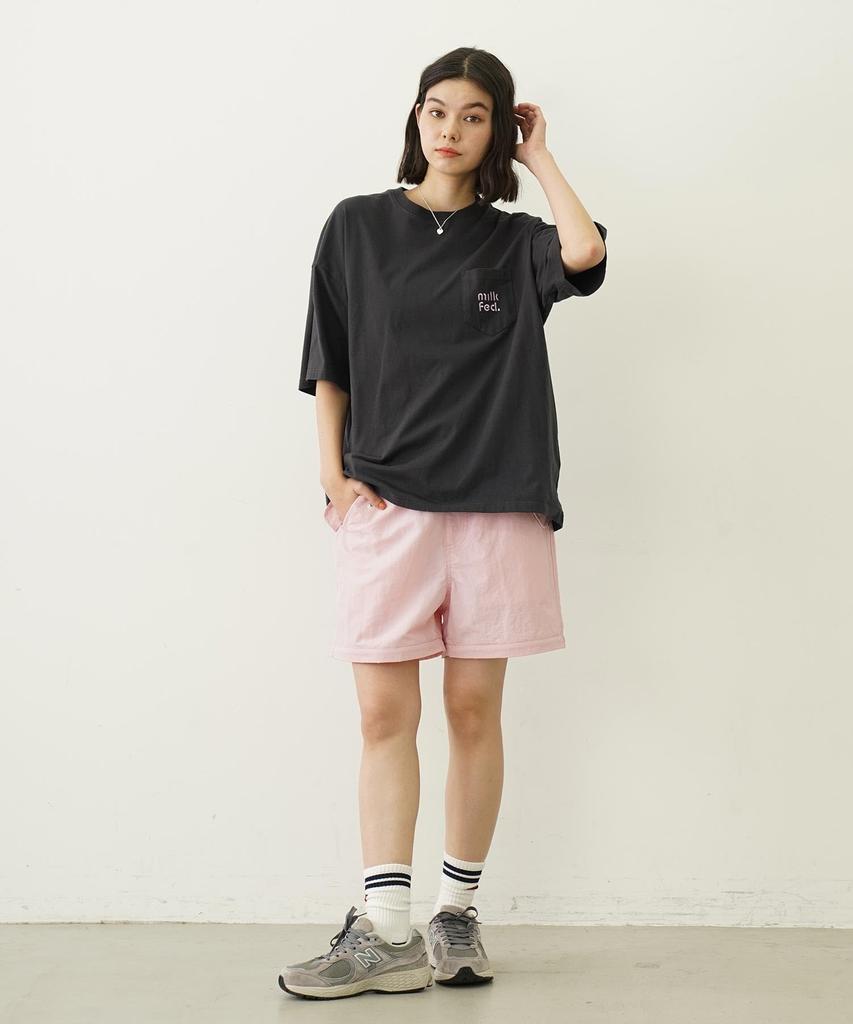 Milkfed Women's Casual Cut Out Logo Pocket Wide Short Sleeve Tee In Charcoal