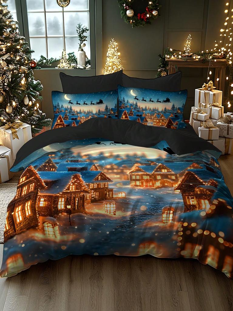 2/3pcs Christmas Tree, Gift, Snowflake, Deer, Santa Claus Pattern Digital Printing Brushed Duvet Cover Set, Soft & Comfortable