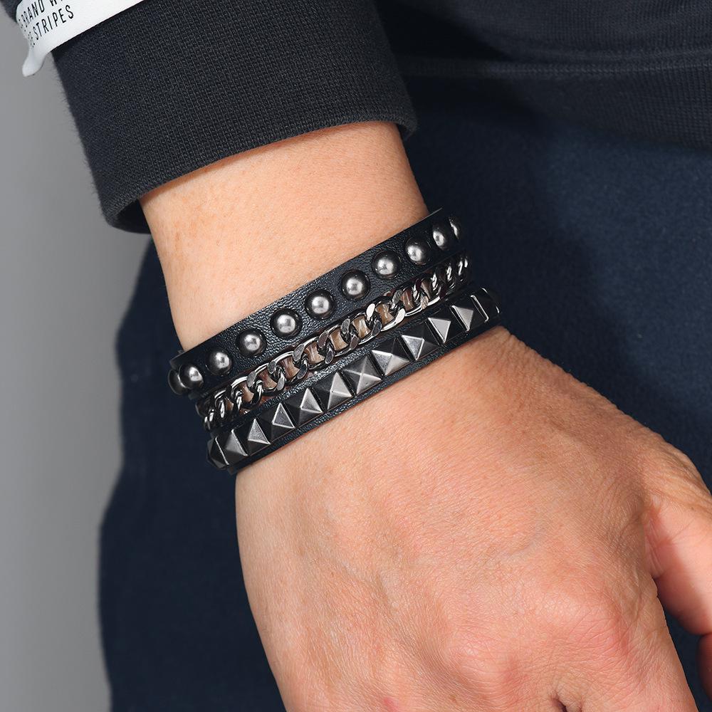 Herren Europäisches & Amerikanisches Punk Multi-Layer Retro Leder Nieten Kette Armband
