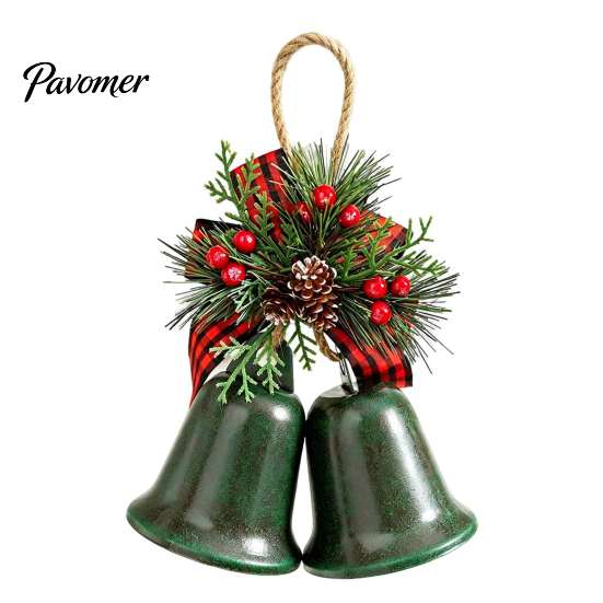 Indoor Holiday Scene Arrangement Christmas Bell Ornaments, Metal Double Jingle Bells Xmas Tree Hanging Gift for Friends Decoration with Pinecones