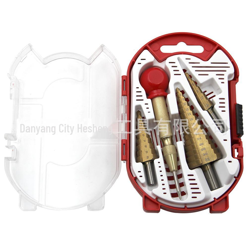 6pc Step Drill Set with Triangular Handle, Straight Groove, Pagoda Drill, Center Punching Hole, Plastic Box - 4pc Set