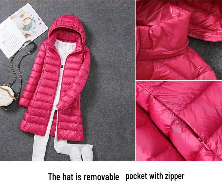 Women's Mid-Length Lightweight Down Jacket with Detachable Hood - 2024 Autumn/Winter Korean Style Plus Size Coat