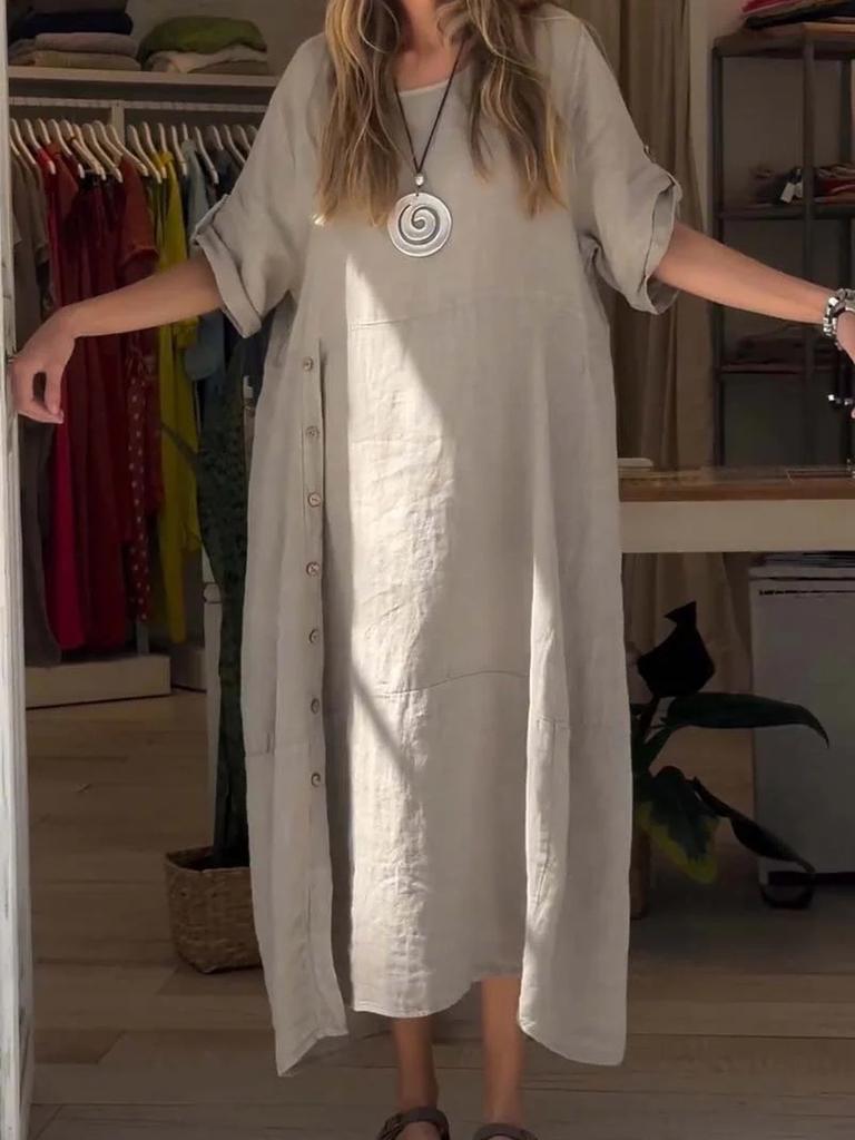 New Women's Summer Breeze Loose Casual Solid Color Short Sleeve Cotton Linen Dress