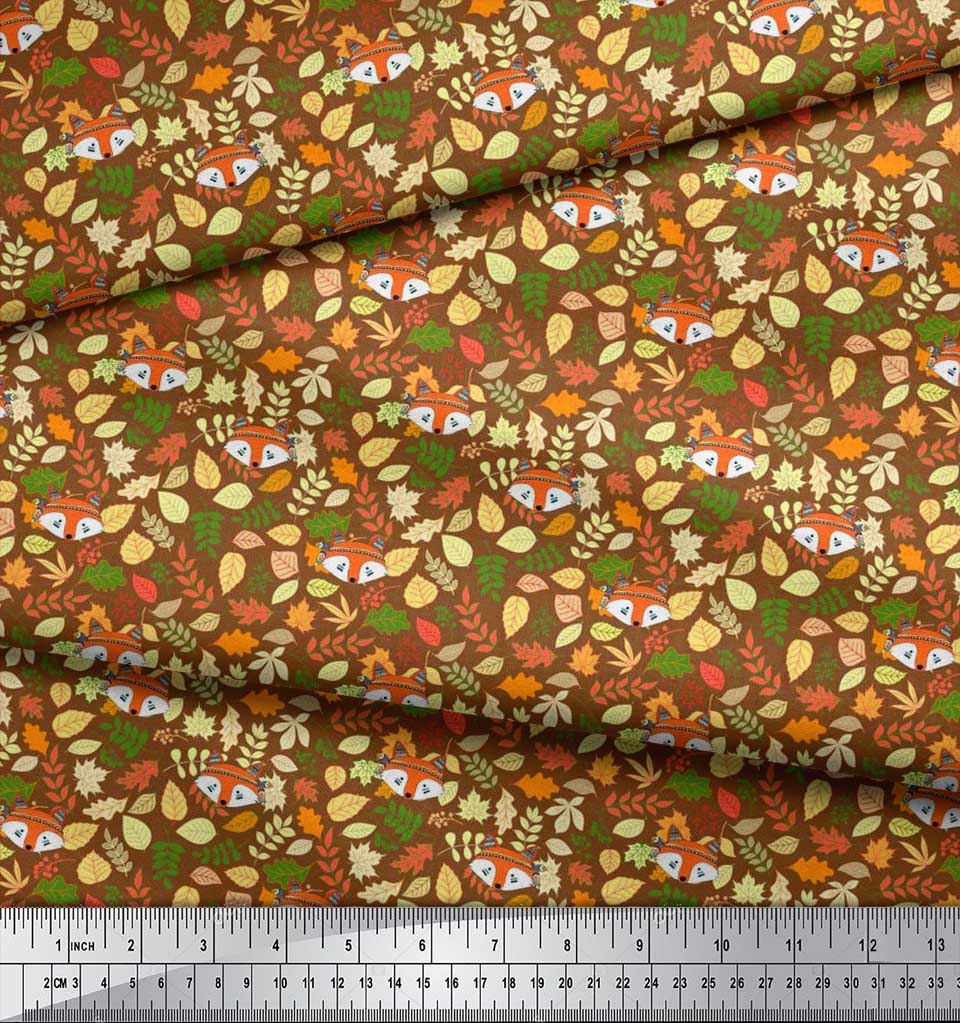 Soimoi Japan Crepe Satin Fabric Leaves & Fox Face Cartoon Printed Craft Fabric by the Metre 42 Inch