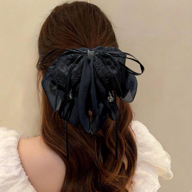 Clips de păr coadă de cal cu fundă florală din șifon făcută manual pentru păr voluminos