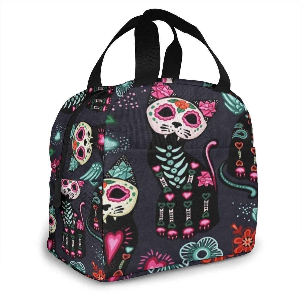 

Портативная сумка для ланча с изображением кота, котенка, сахарного черепа, термосумка-холодильник, многоразовая сумка-ланч-бокс 22x20x13CM бежевый