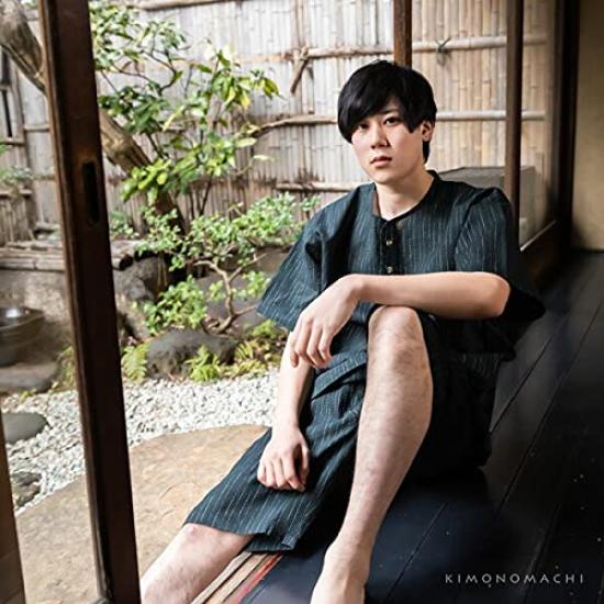 KIMONOMACHI Henley Multicolored Size Perfect Gift for Day or Respect for the Aged Day Men's Cotton-Linen Jinbei, Neck, "C Stripes," M, Father's