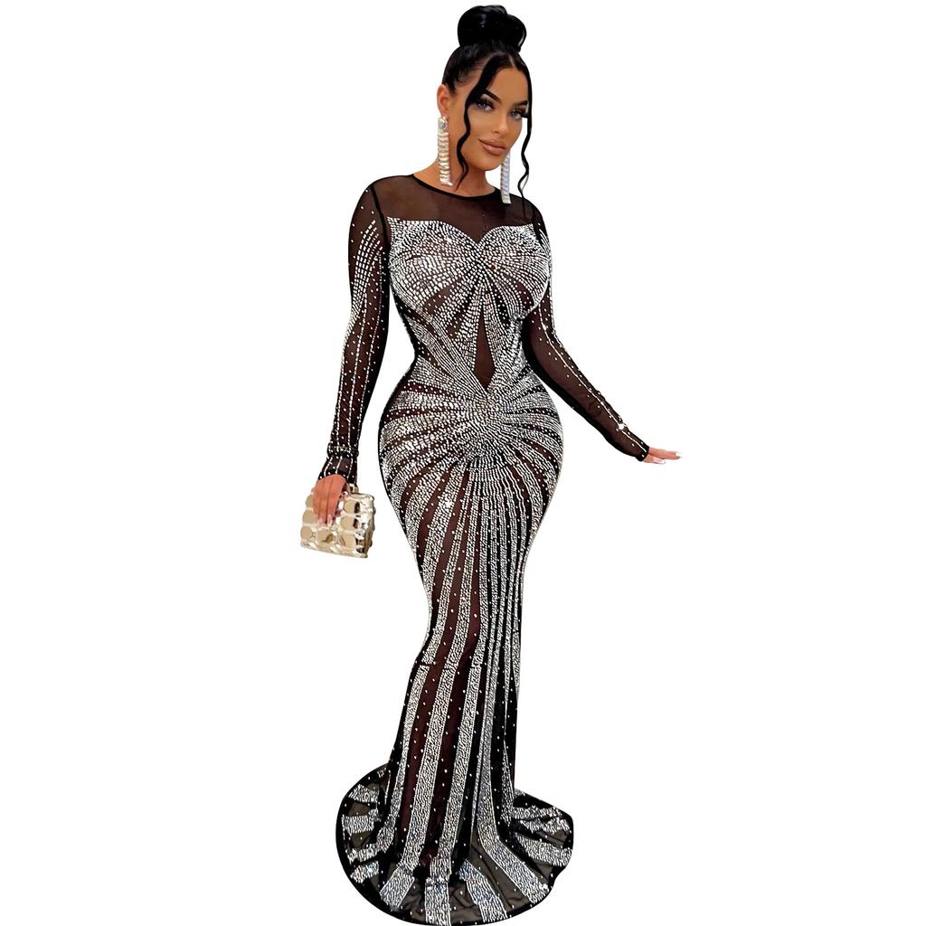 Vestido de noche Vestido largo de manga larga con diamantes de imitación transparentes de malla de color sólido para mujer a la moda