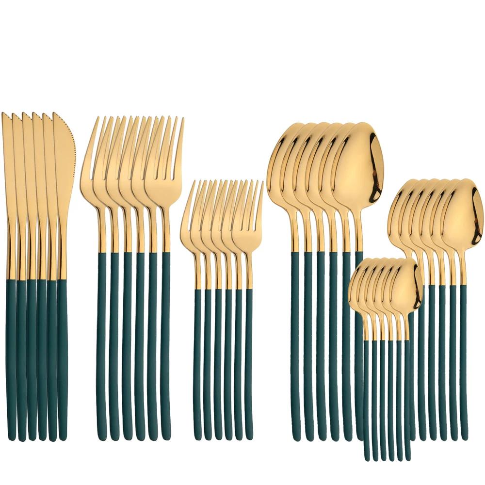 36Pcs Gold Cutlery Set Knife Fork Spoon Dinnerware Set Stainless Steel Tableware Western Flatware Mirror Kitchen Silverware Set