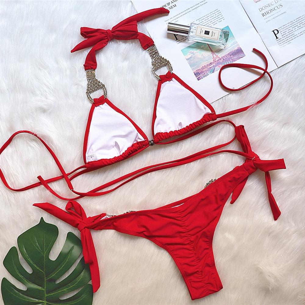 Maillot de bain bikini sexy à bretelles de couleur unie pour la plage, maillot de bain en strass