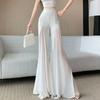 Elegante weiße Chiffon-Einsatz Weitbein-Hose - Hohe Taille Slim Fit Drapierte Culottes