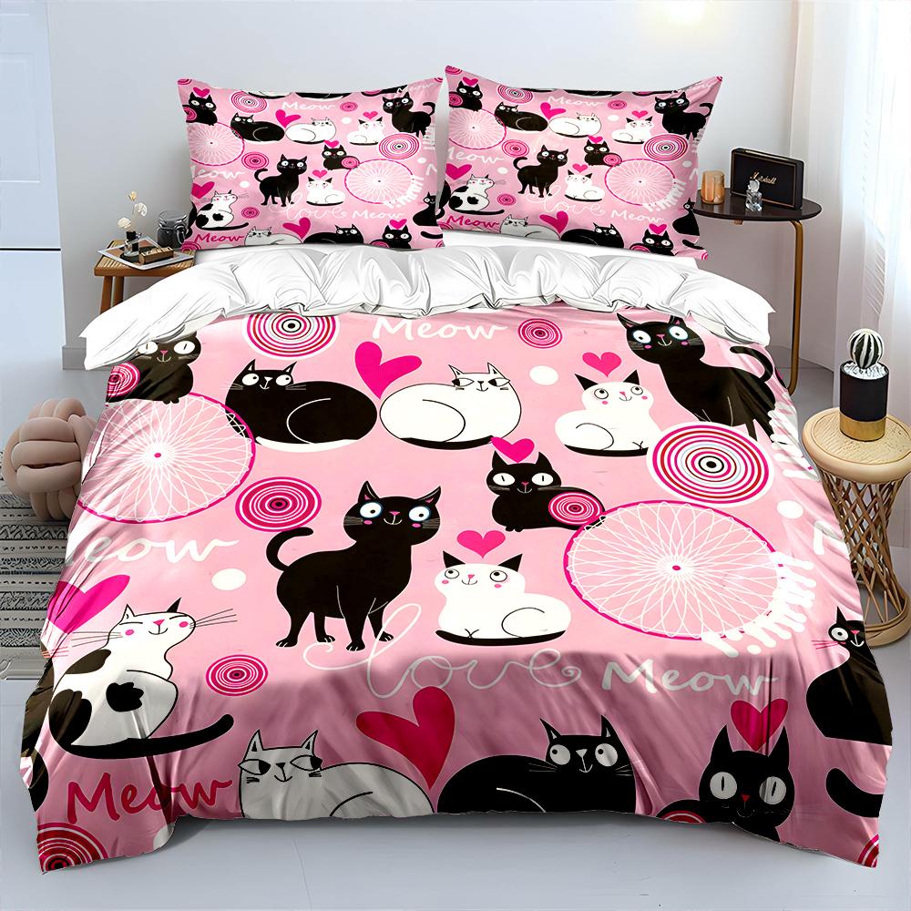 Multiple Sizes Pink Cats With Hearts Pattern Bedding Set 1 Duvet Cover 2 Pillowcases For Adult Children Luxury Gift Full Size