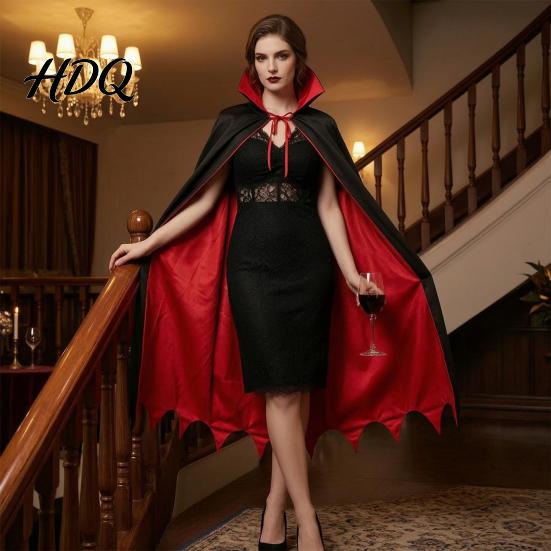 Halloween Costume Cape Vampire Cloak with Stand Up Collar, Medieval Gothic Festival Atmosphere Clothing Black Red for Cosplay, Masquerade, Fancy Dance
