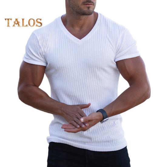 

Мужская футболка с коротким рукавом и V-образным вырезом, облегающая спортивная полосатая однотонная футболка, дышащая спортивная одежда для спорта, путешествий, офиса L белый