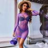 See Through Dress Women Mesh Long Sleeve Bodycon Hot Summer Bikini Cover Up Beach Dress Sexy Off Shoulder Mini Vestidos