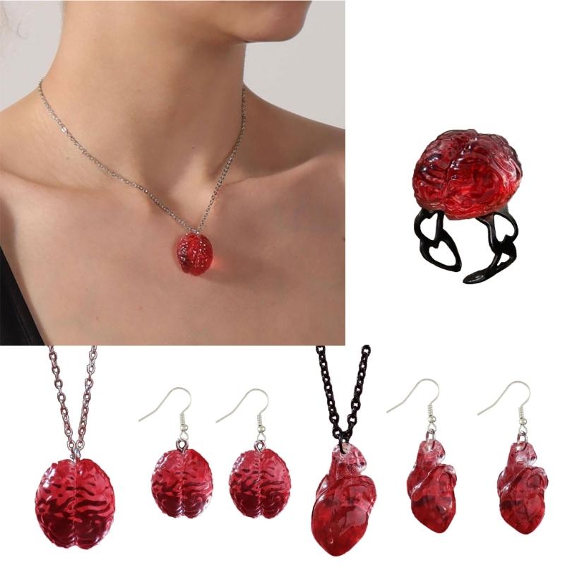 Funny Red Brain Pendant Necklace/Earings/Ring for Halloween Party Unique Heart Neckchain/Ear Drops Stylish Accessory