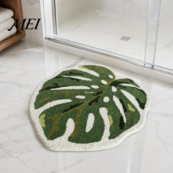 Dekoratif Ev Zemin Paspası Kruvasan Banyo Paspası, Kaymaz Emici Yumuşak Banyo Halısı, Peynir Monstera Modaya Uygun Yaprak Şekilli Paspas Makinede Yıkanabilir