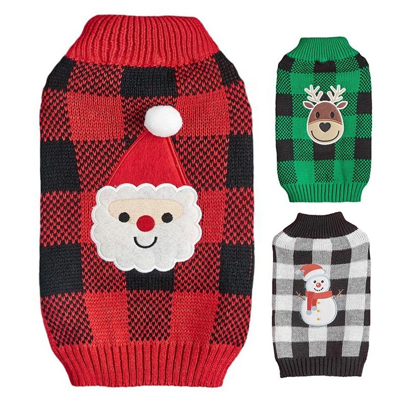 Christmas Leisure Pet Acrylic Sweater Plaid Knit Embroidered Santa Reindeer Snowman Elastic Comfortable Durable Winter Dog Cat