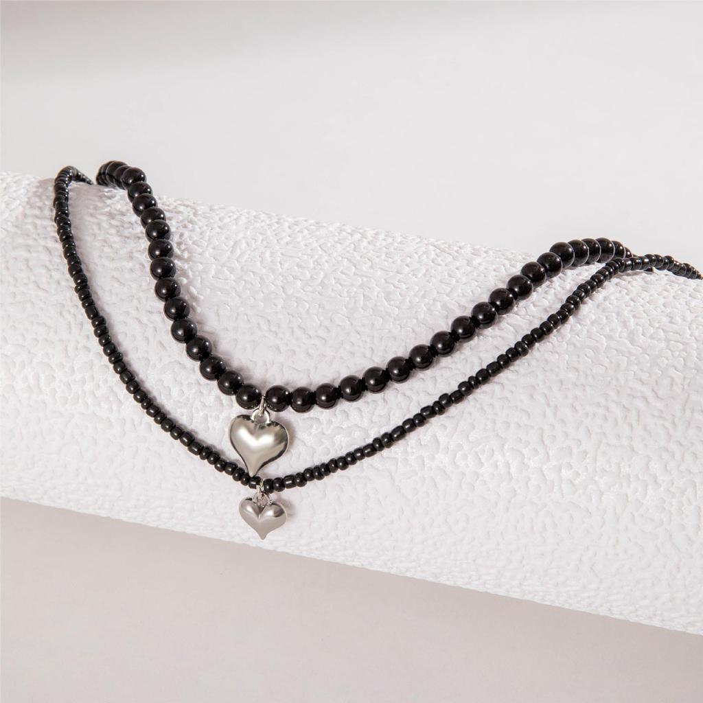 Retro black beaded love double-layer necklace, niche versatile neck chain, collarbone chain for women