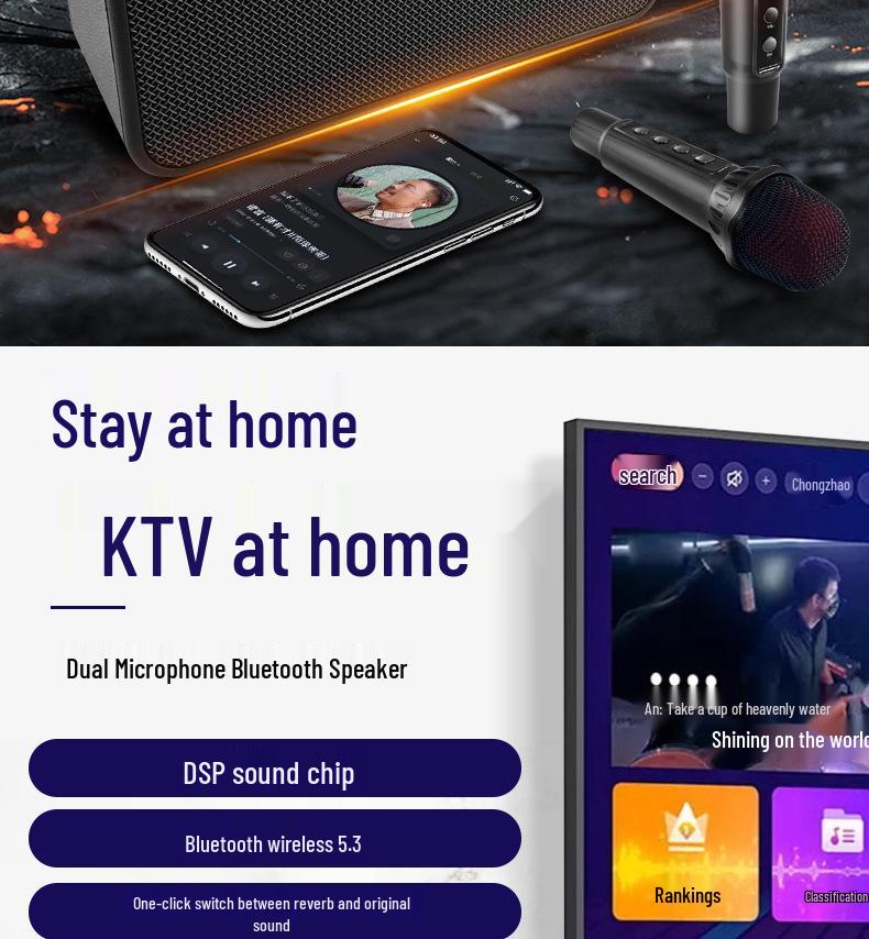 Wireless KTV Speaker with Bluetooth Lyrics Display & Reverb Control
