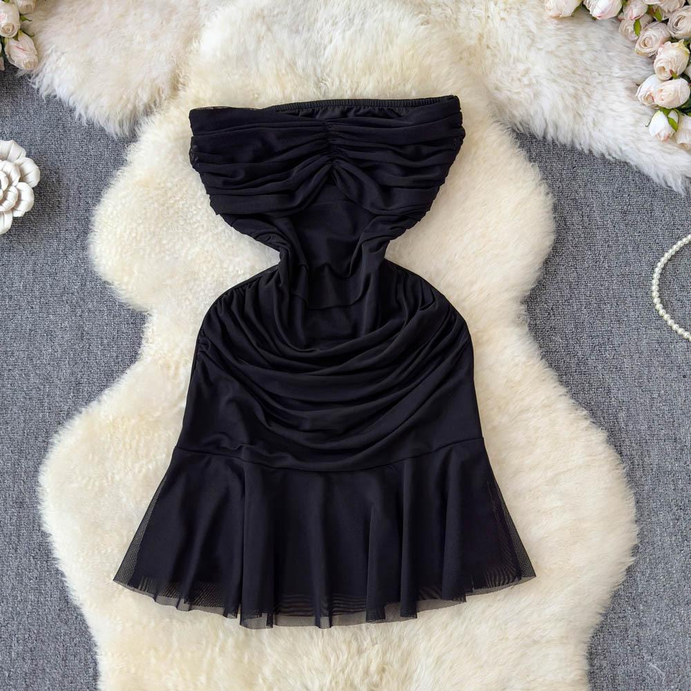 This Is A Sexy Elegant High-society Sheer Pleated Strapless Dress with A Cinched Waist and A Slimming Look