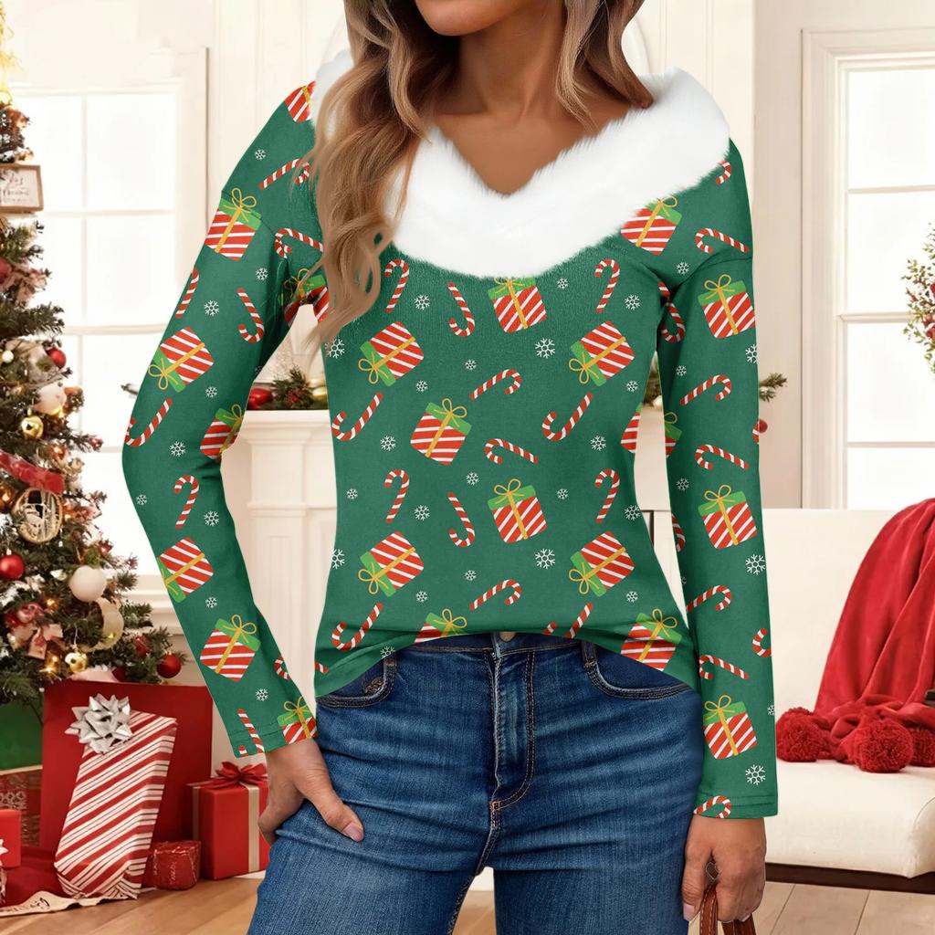 Modă Femei Casual Mânecă Lungă Crăciun Imprimat Guler Pluș Decolteu în V Top