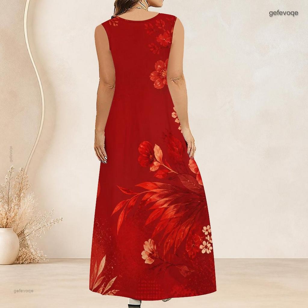 Women Plus Size Scoop Neck Sleeveless Floral Butterfly Printed White A Line Long Dress