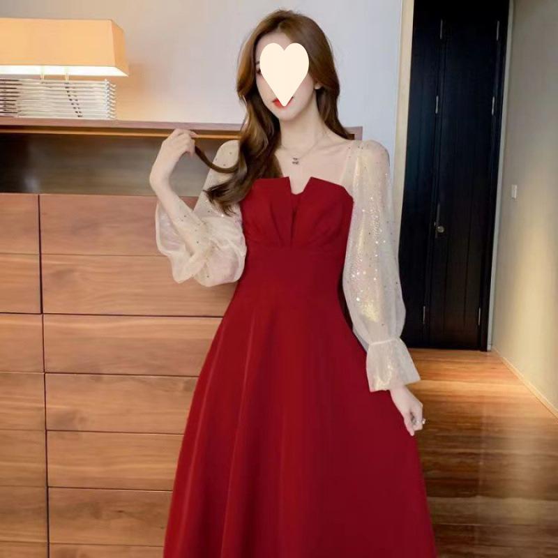 Premium Temperament Red Dress Women's Spring and Autumn Toasting Clothes Bridal Engagement Dress Return Casual Clothes