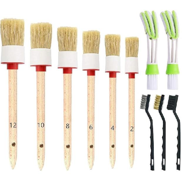 11Pcs Auto Detailing Set, Boar Hair Brushes, Steel Wire & A/C Brushes, Red, Soft Bristles, Wood Handles For Cleaning Interior, Exterior, Leather, 6