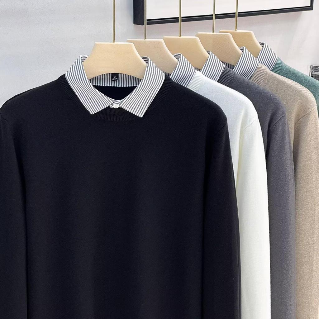 Men's High-End Faux Two-Piece Striped Sweater with Shirt Collar - Versatile Knit Base Layer for Autumn/Winter.