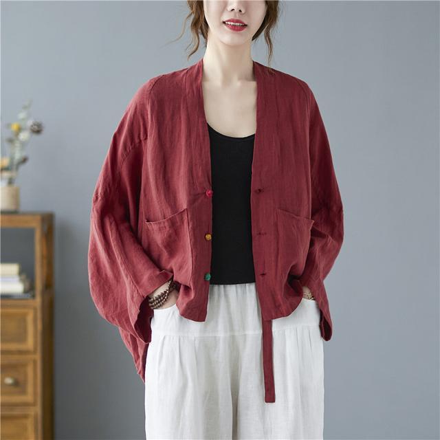 Damen Langarmjacken Herbst Vintage-Stil Alleskönner Locker Bequem Baumwolle Leinen Weiblich Lässige Mäntel