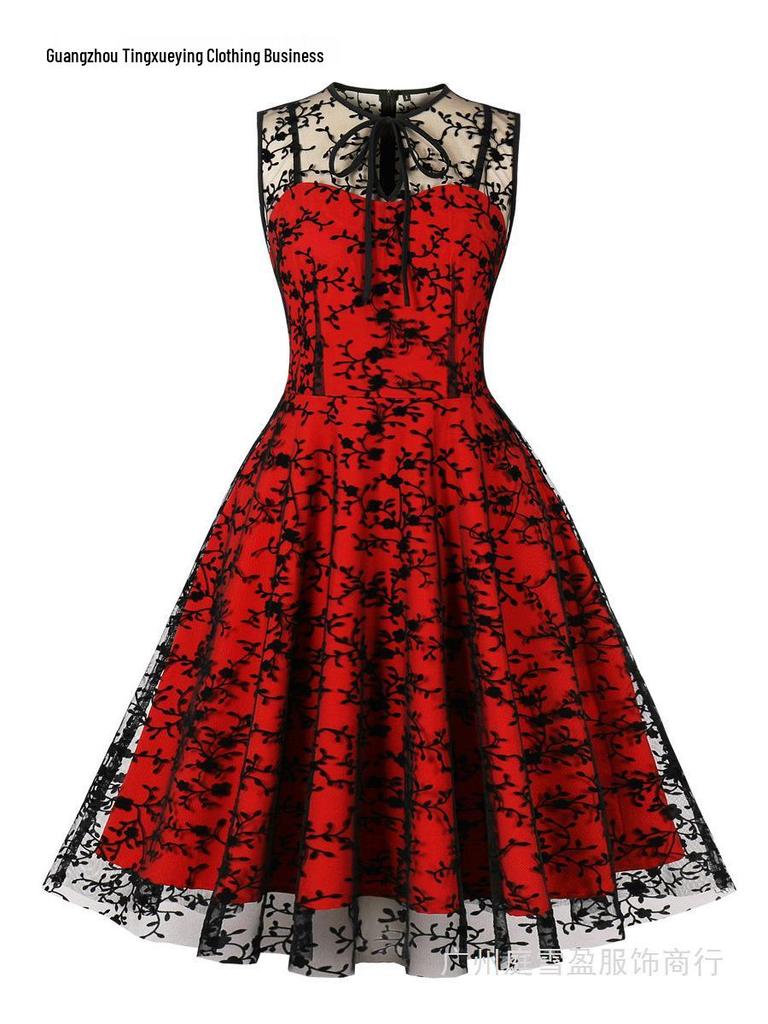 Women's Christmas Mesh Embroidered Midi Dress with Waist-Cinching and Sleeveless Design