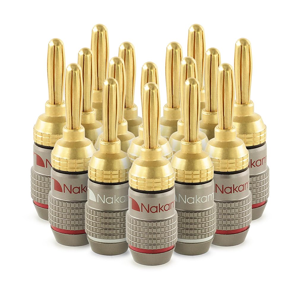 

Nakamichi FanLock Excel Series 24k Gold Plated Banana Plugs, 10 AWG - 18 AWG, 4mm Gauge, for Speaker Amplifier, Hi-Fi Stereo, Home Theater, Radio, Aud