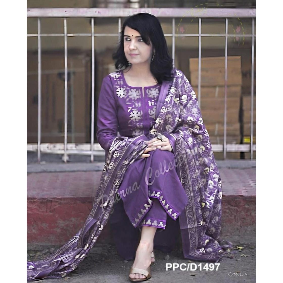 Purple Khadi Cotton Embroidery Kurti Set Women Ethnic Kurta Pant Dupatta Set L-40
